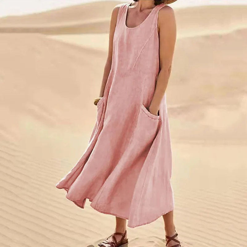 Women's Maxi Dress - Sleeveless A-Line - Scoop Neck - Flowing Casual Fit with Pockets