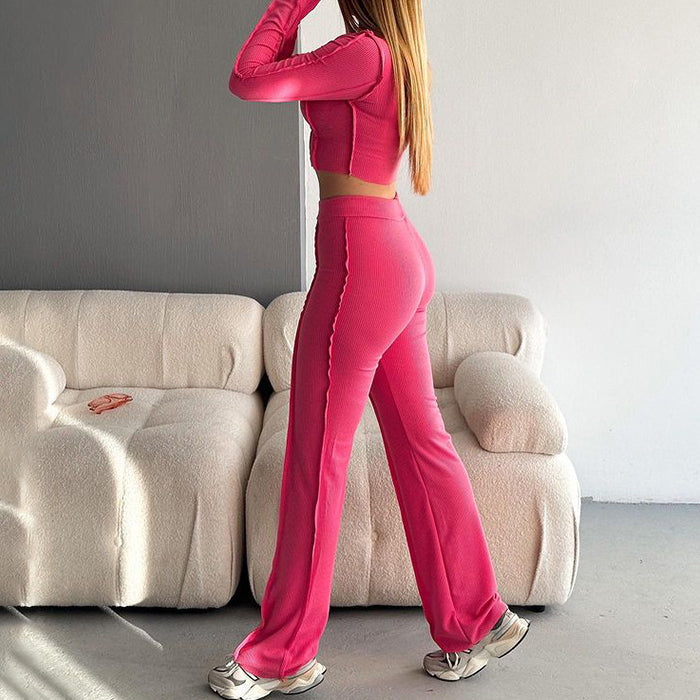 Women's spring striped round neck two-piece top and trousers set