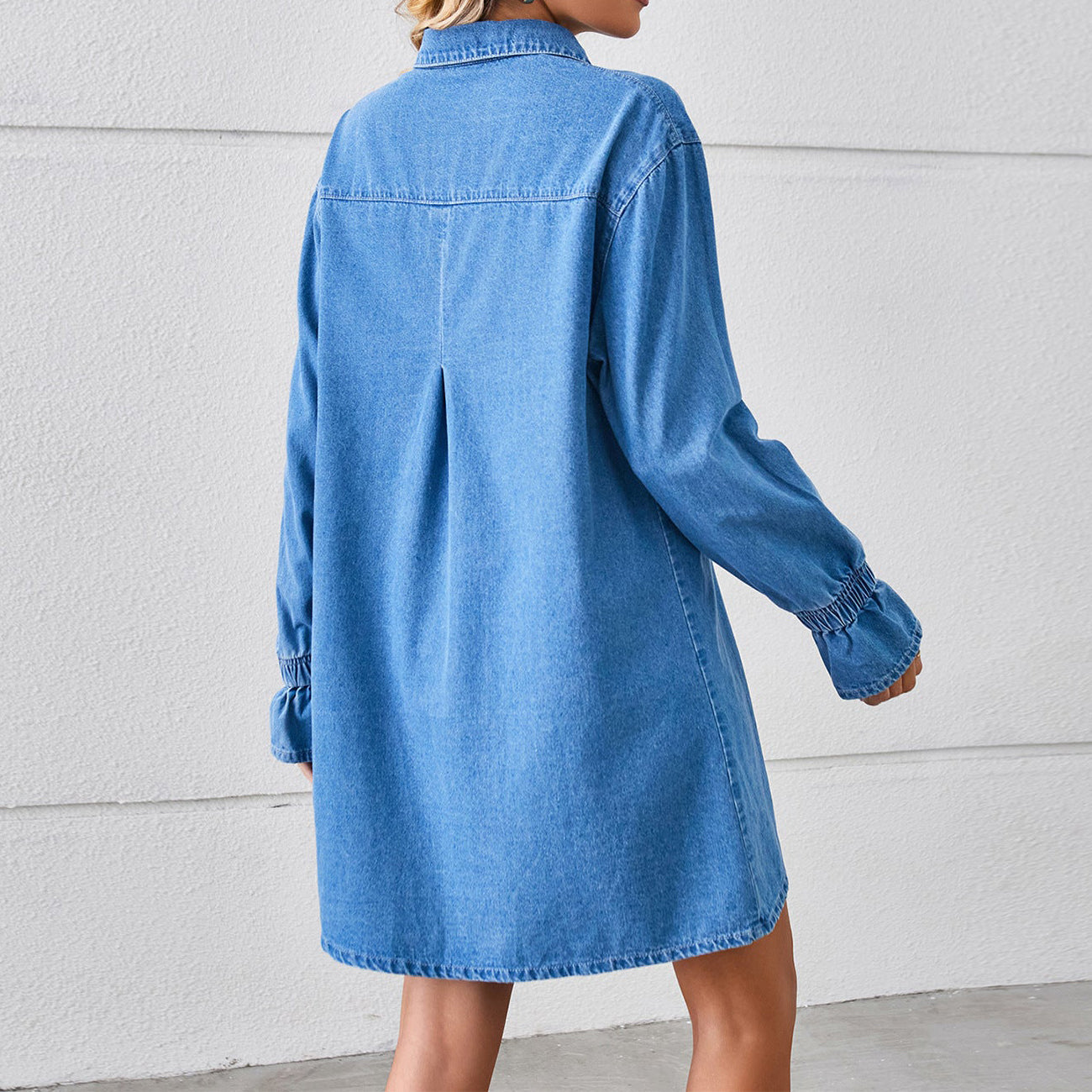 Women’s Denim Shirt Dress – Long Sleeve – Relaxed Fit – Button Down – Shirt Collar