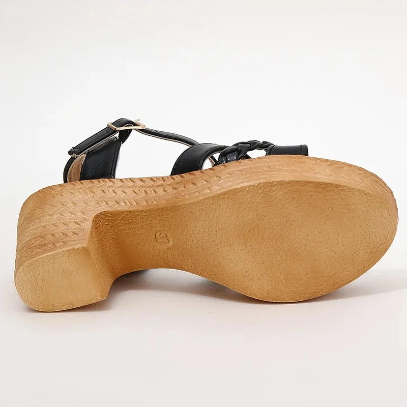 Women's Heeled Sandals - Block Heel - Braided Cross Straps - Adjustable Ankle Strap