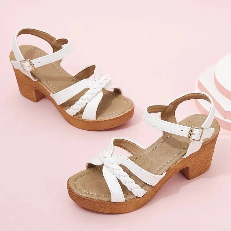 Women's Heeled Sandals - Block Heel - Braided Cross Straps - Adjustable Ankle Strap