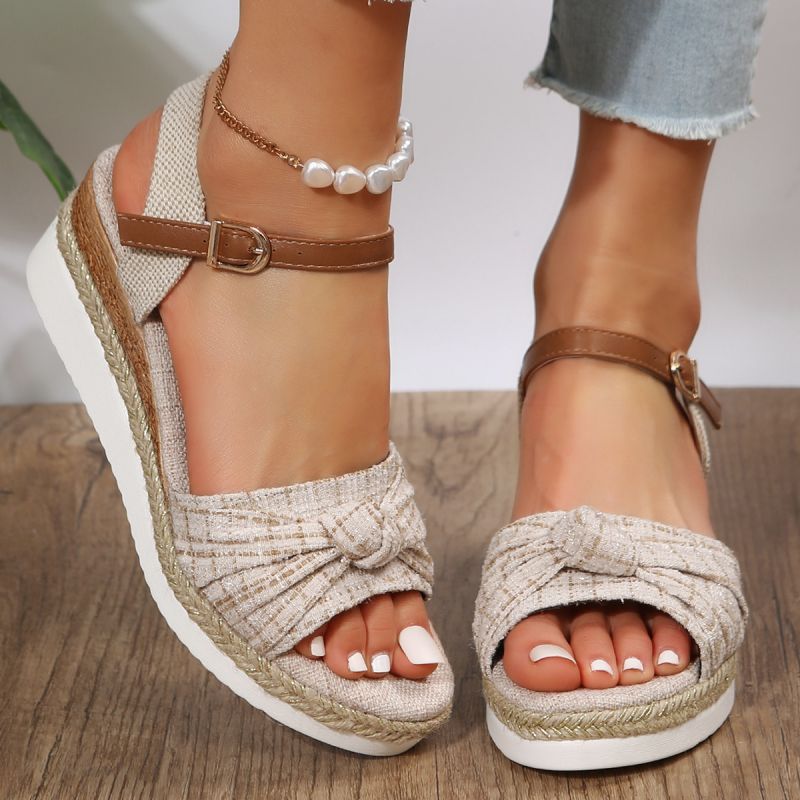 Women's Wedge Sandals - Open Toe - Knotted Front - Adjustable Ankle Strap - Espadrille Style