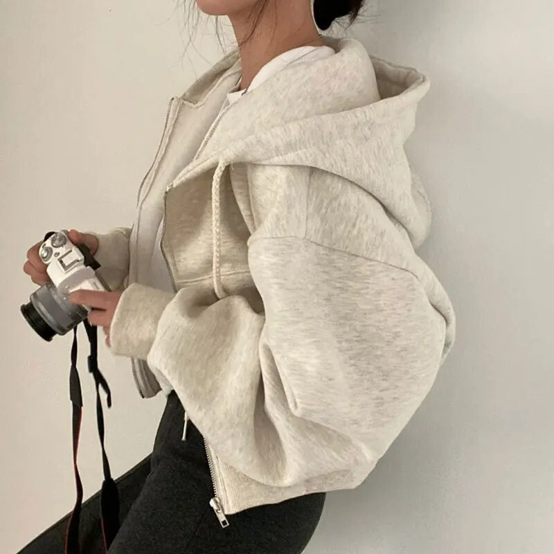 Women’s Hooded Jacket – Oversized Fit – Plush Fabric – Zip Front – Cropped Length