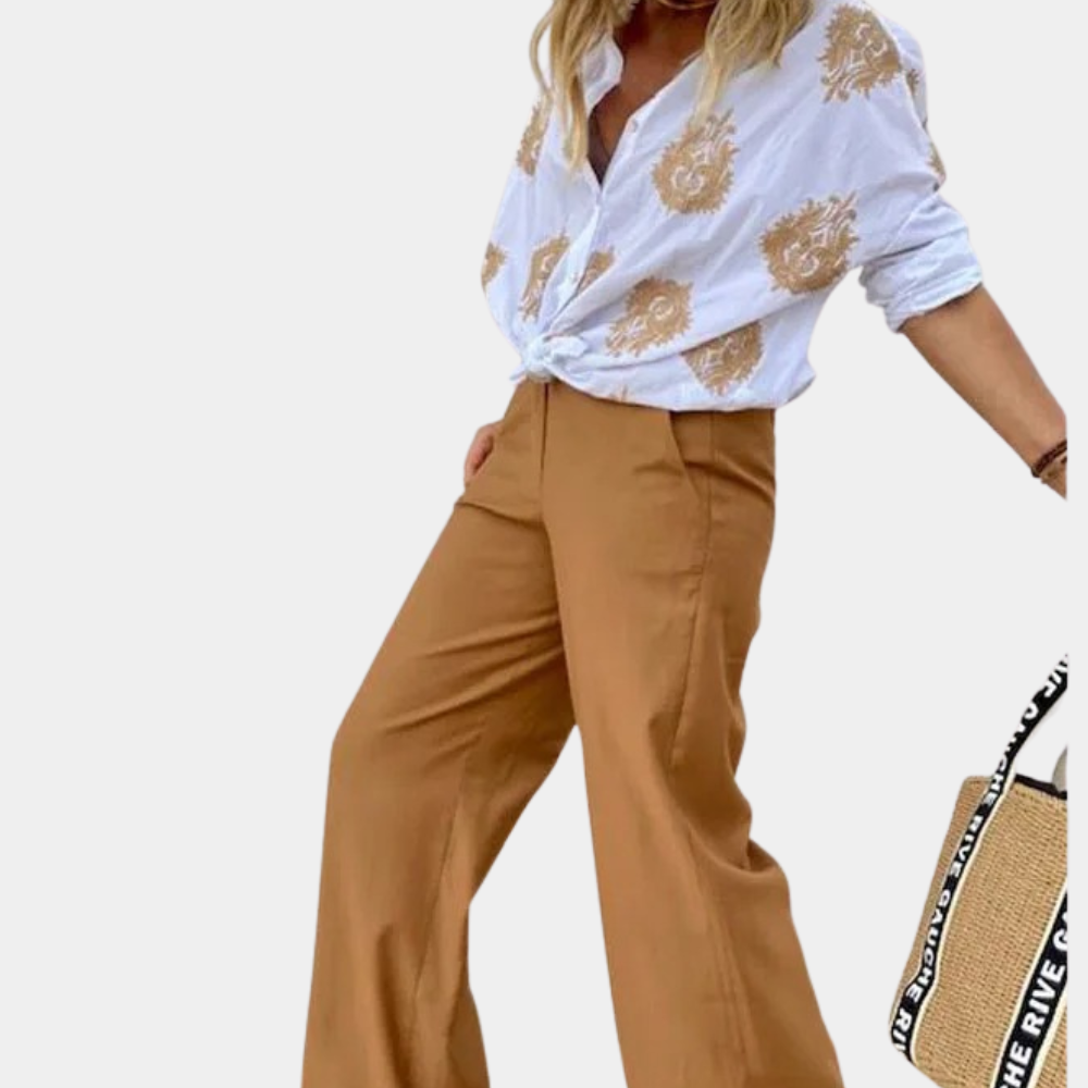 Women's Embroidered Blouse - Button-Up Knot Tie - Long Roll-Up Sleeves - Relaxed Fit