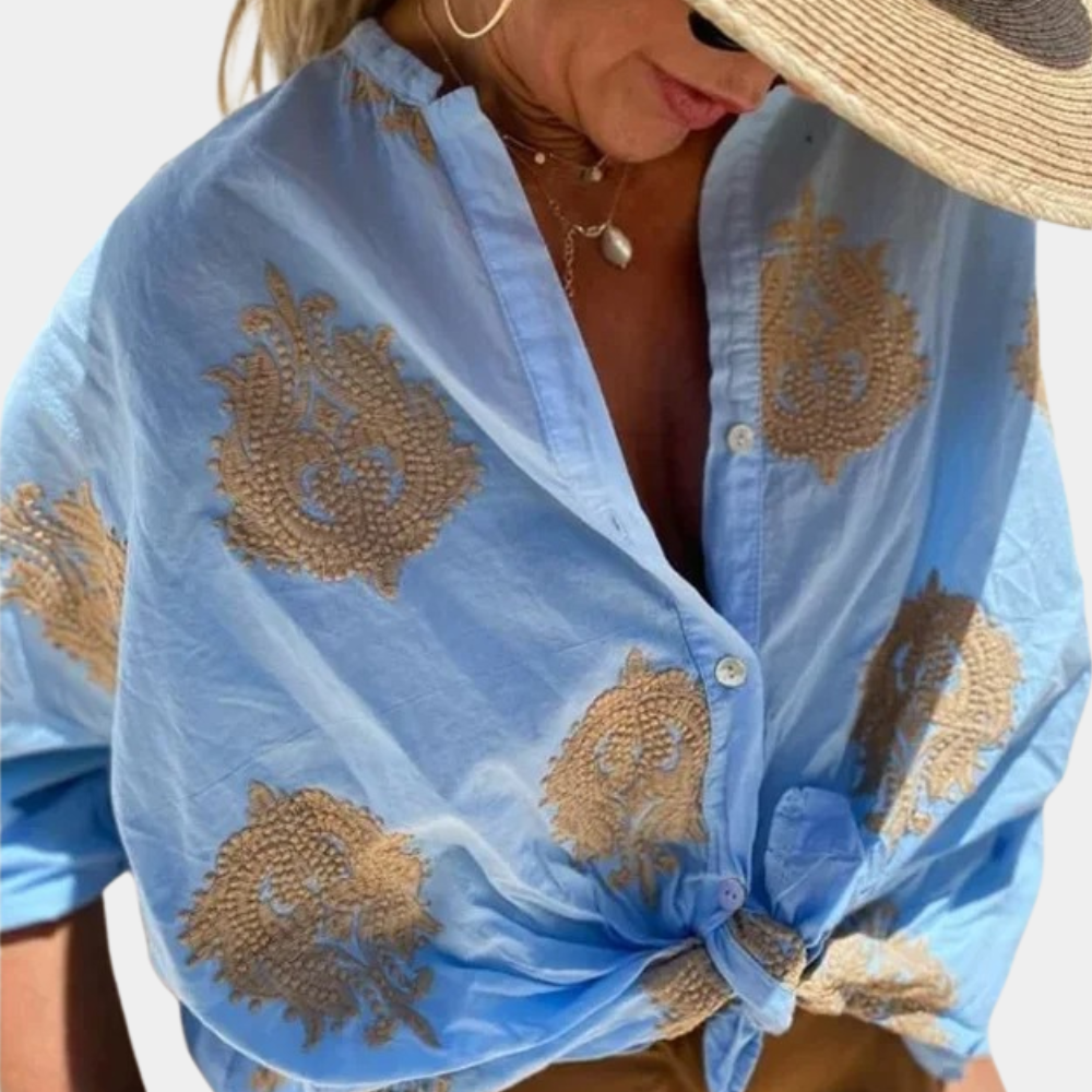 Women's Embroidered Blouse - Button-Up Knot Tie - Long Roll-Up Sleeves - Relaxed Fit