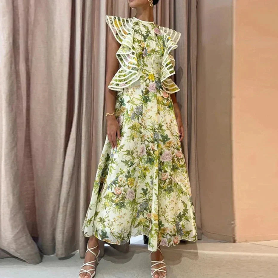 Women's Floral Midi Dress - A-Line Fit - High Neck - Ruffled Cap Sleeves Elegant Style