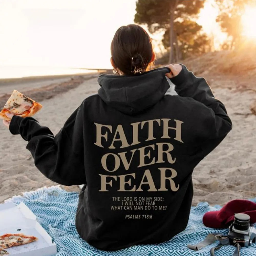 Women's drop shoulder hoodie with 'Faith Over Fear' back print
