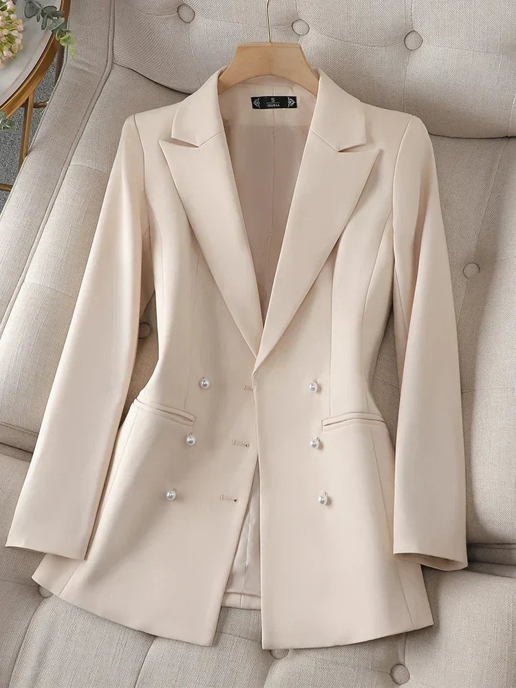 Women's elegant long blazer with pearl closure