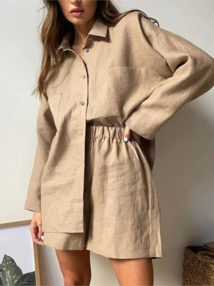 Women's Linen Matching Set - Oversized Button-Down Shirt & High-Waist Shorts - Breathable