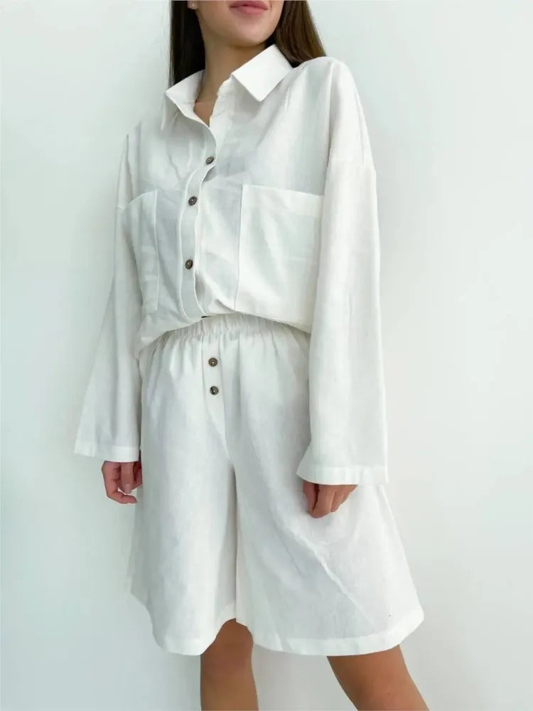Women's Linen Matching Set - Oversized Button-Down Shirt & High-Waist Shorts - Breathable