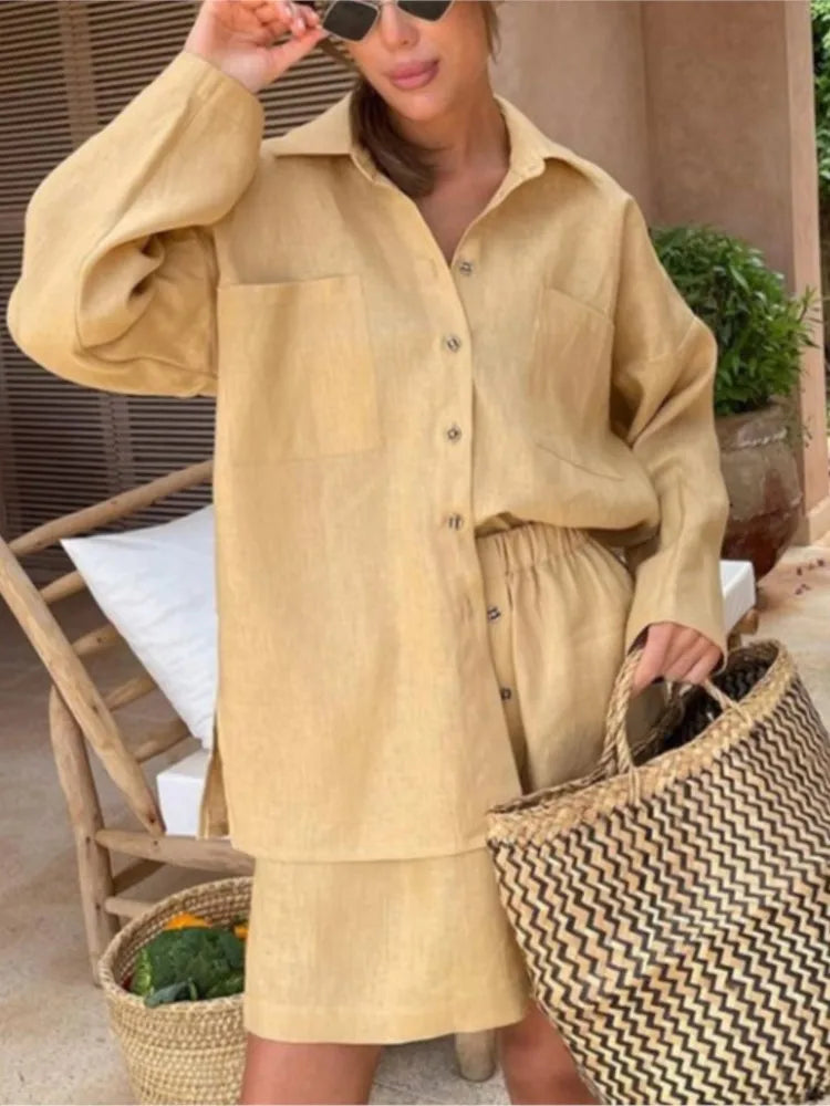 Women's Linen Matching Set - Oversized Button-Down Shirt & High-Waist Shorts - Breathable