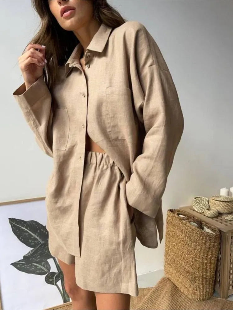 Women's Linen Matching Set - Oversized Button-Down Shirt & High-Waist Shorts - Breathable