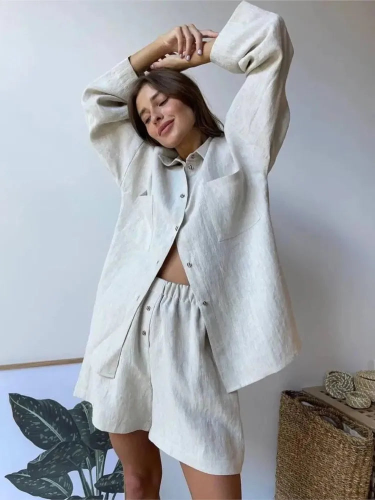 Women's Linen Matching Set - Oversized Button-Down Shirt & High-Waist Shorts - Breathable