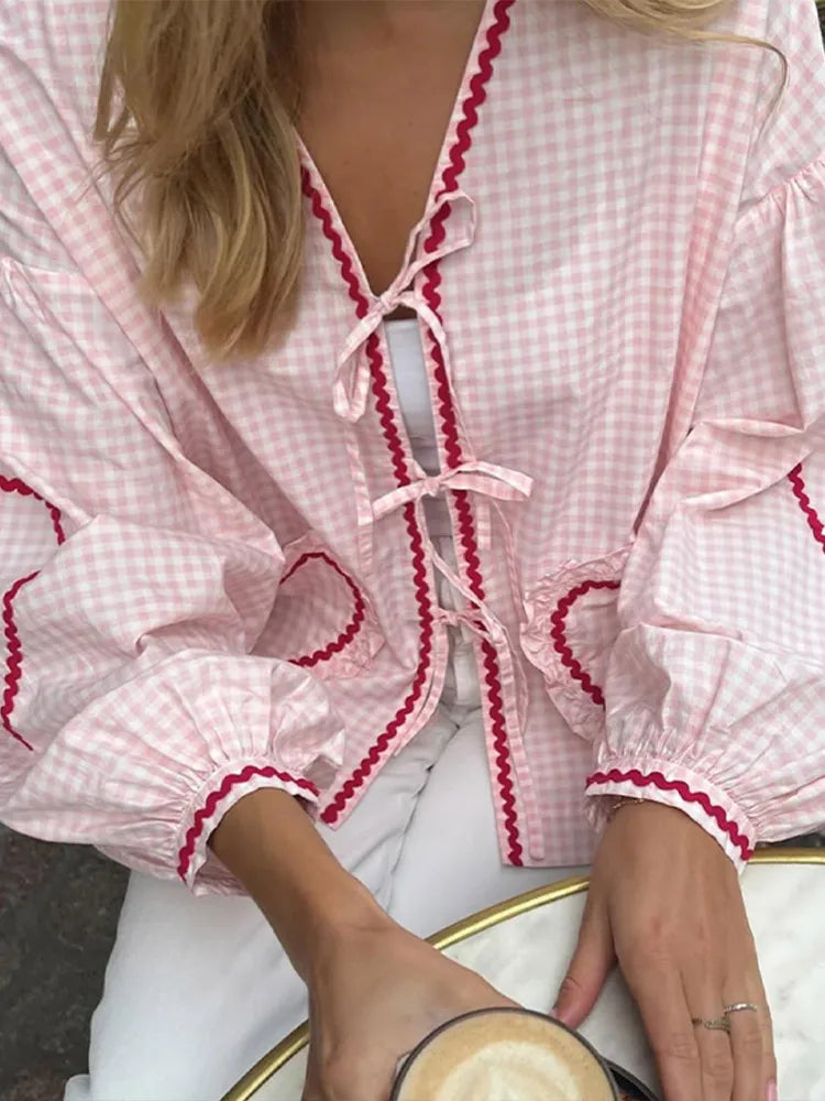 Women's Blouse - V-Neck Tie Closure - Long Puff Sleeves - Checkered with Scalloped Trim