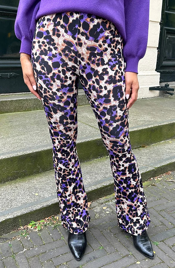 Purple leopard print flared pants for women