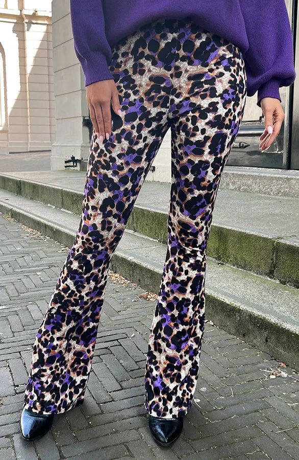 Purple leopard print flared pants for women