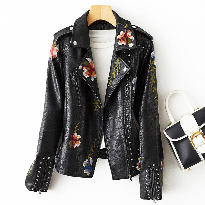 Floral Embroidered Fitted Leather Biker Jacket