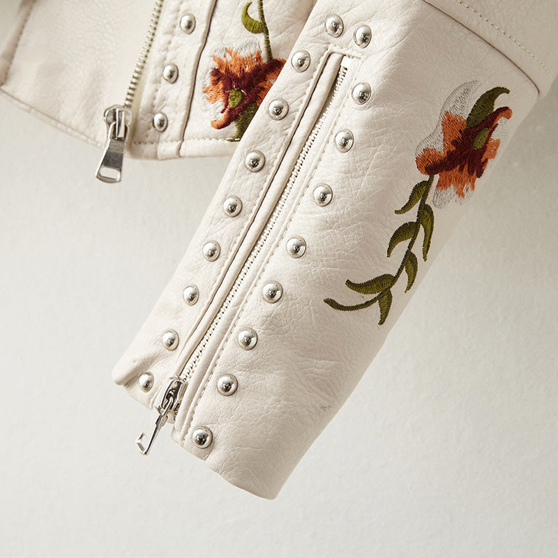 Floral Embroidered Fitted Leather Biker Jacket