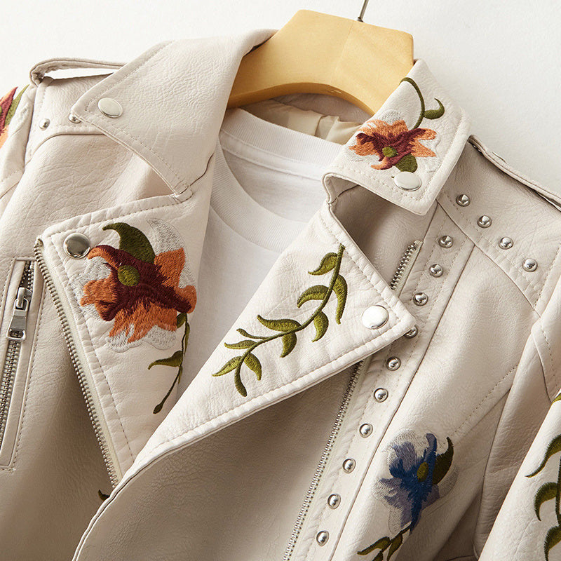Floral Embroidered Fitted Leather Biker Jacket