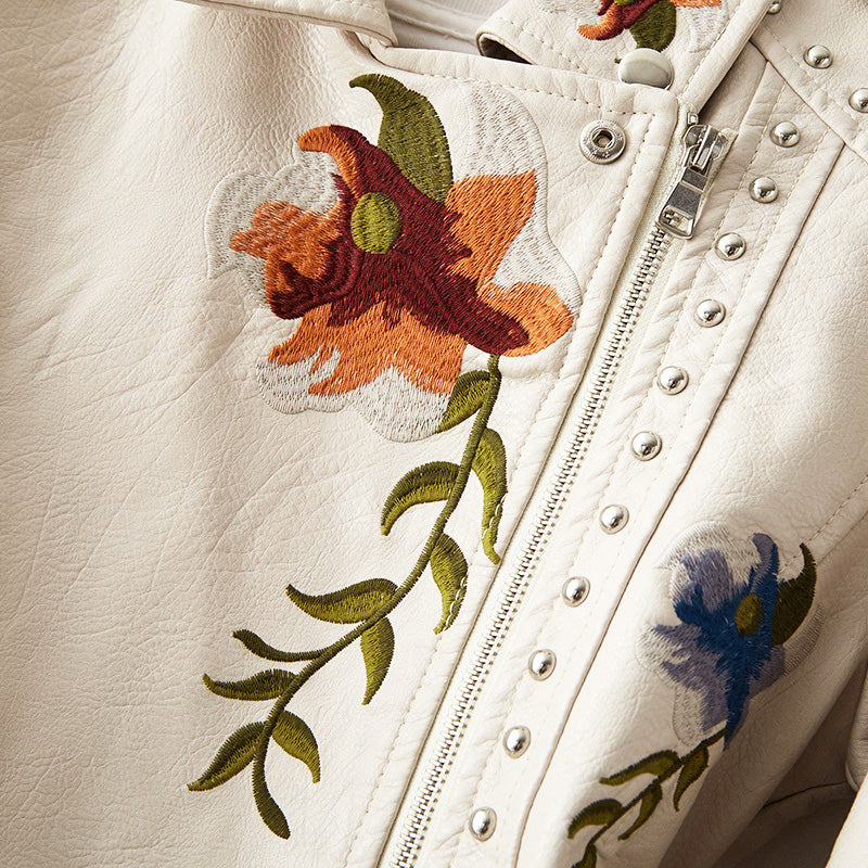 Floral Embroidered Fitted Leather Biker Jacket