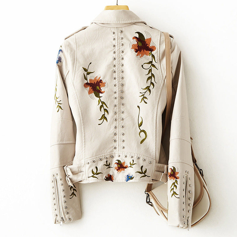 Floral Embroidered Fitted Leather Biker Jacket