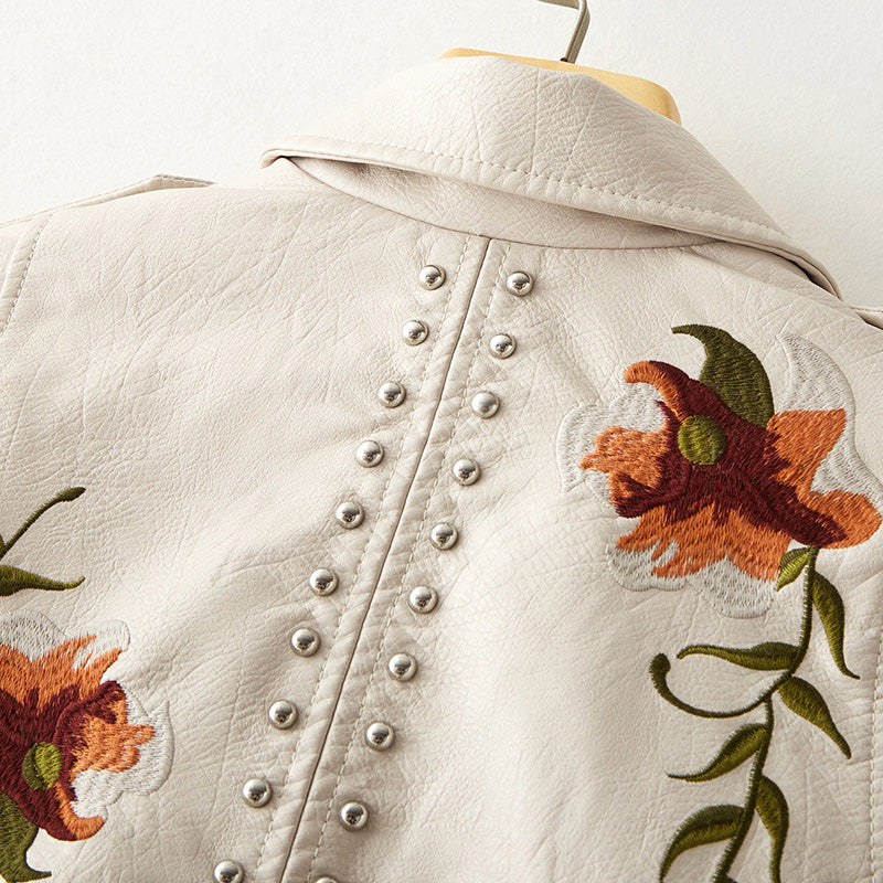 Floral Embroidered Fitted Leather Biker Jacket