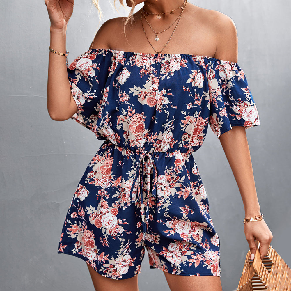 Women's Off-Shoulder Romper - Floral Print - Short Sleeve - Cinched Waist - Casual Fit