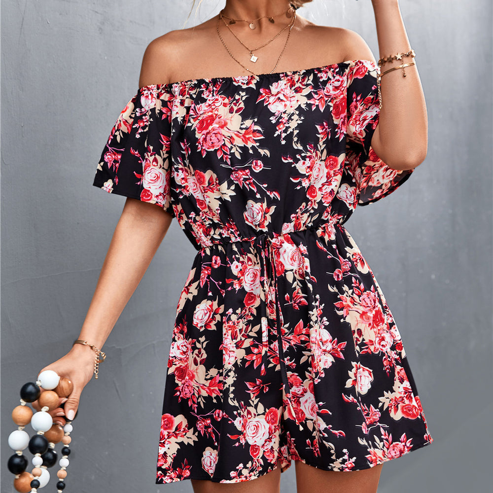 Women's Off-Shoulder Romper - Floral Print - Short Sleeve - Cinched Waist - Casual Fit