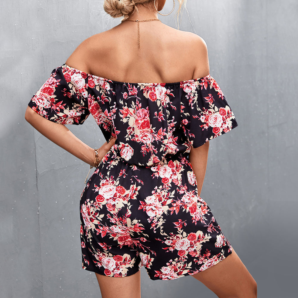 Women's Off-Shoulder Romper - Floral Print - Short Sleeve - Cinched Waist - Casual Fit