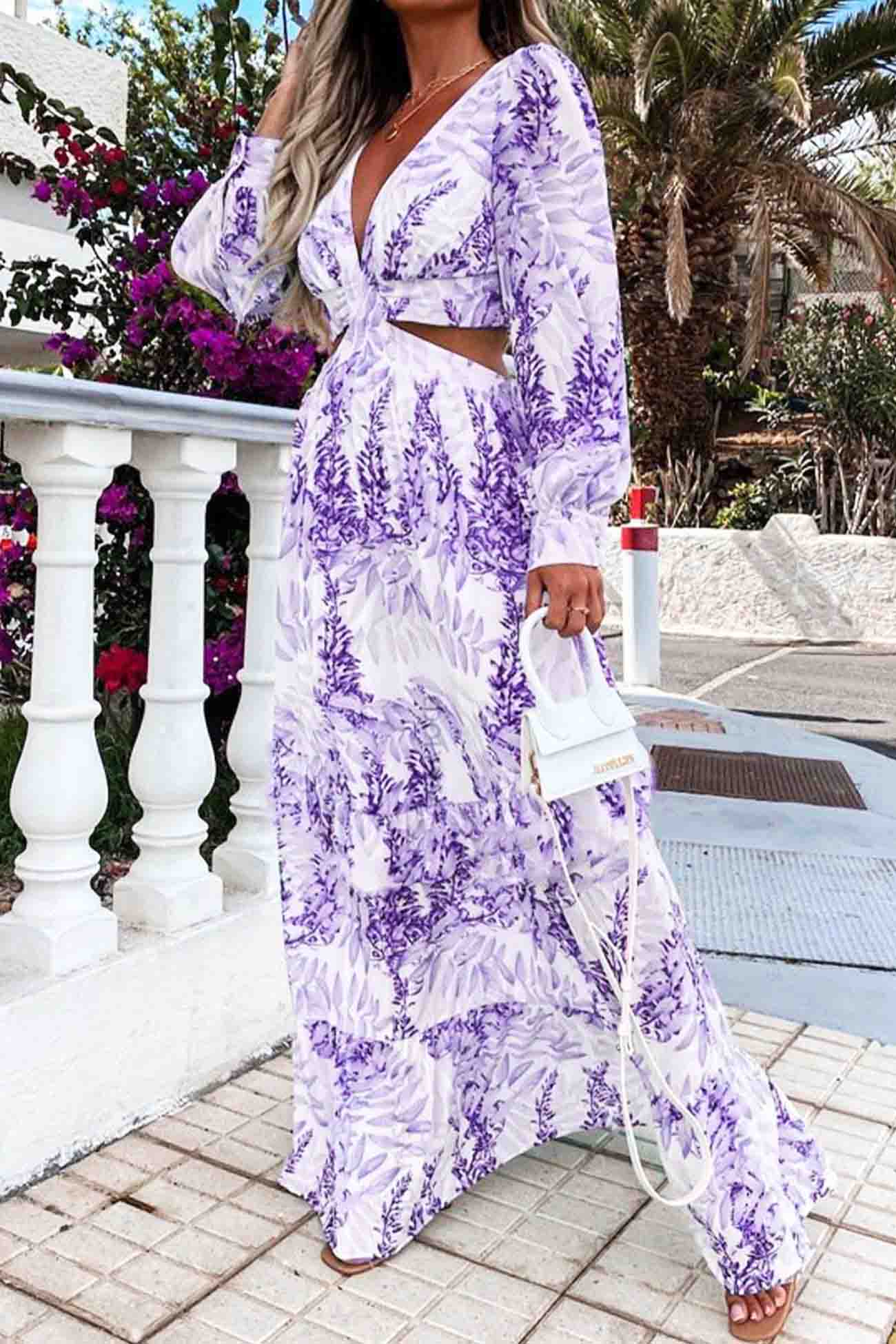 Women's Maxi Dress - V-Neck - Cutout Waist - Long Sleeve Flowy Elegant Design