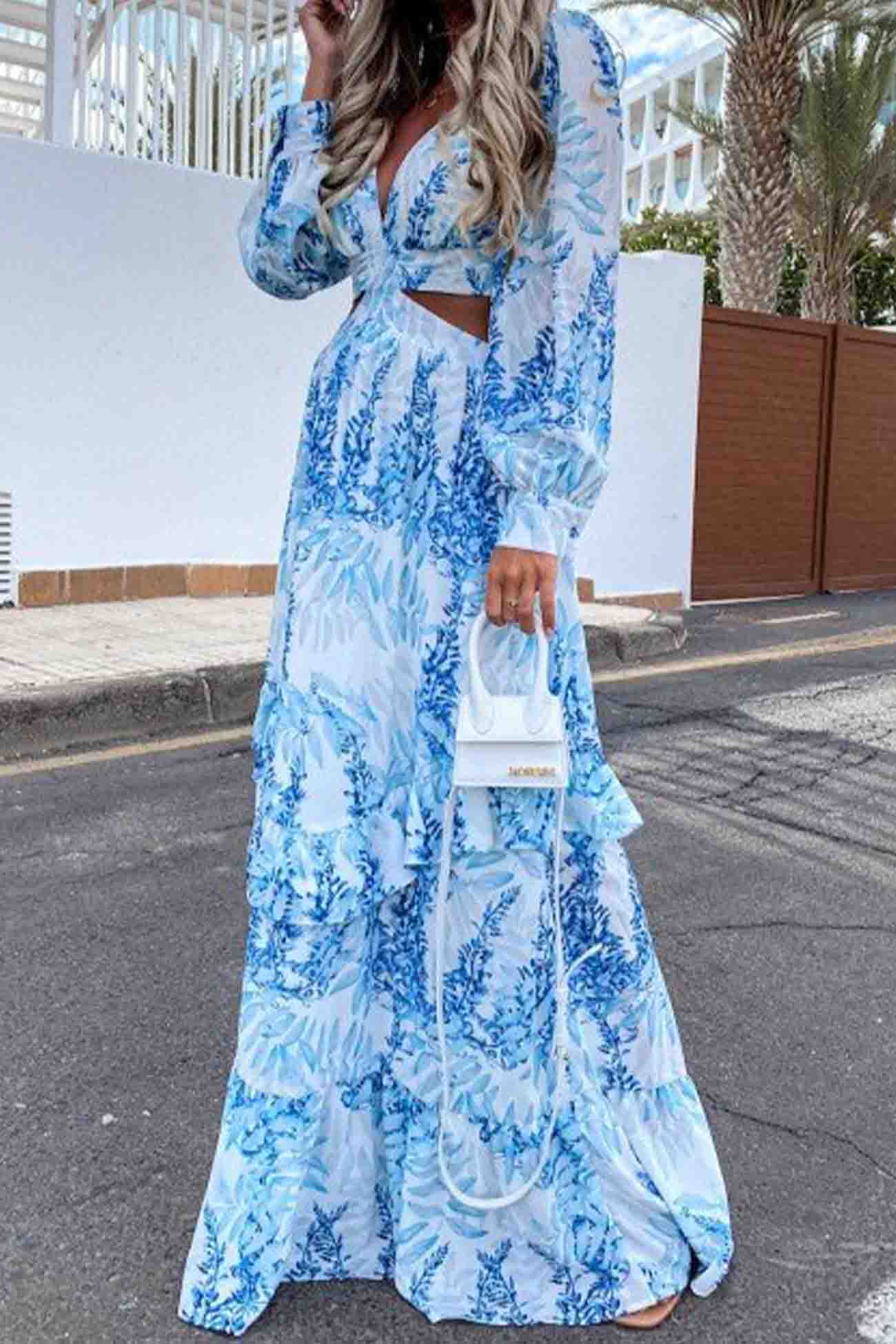 Women's Maxi Dress - V-Neck - Cutout Waist - Long Sleeve Flowy Elegant Design