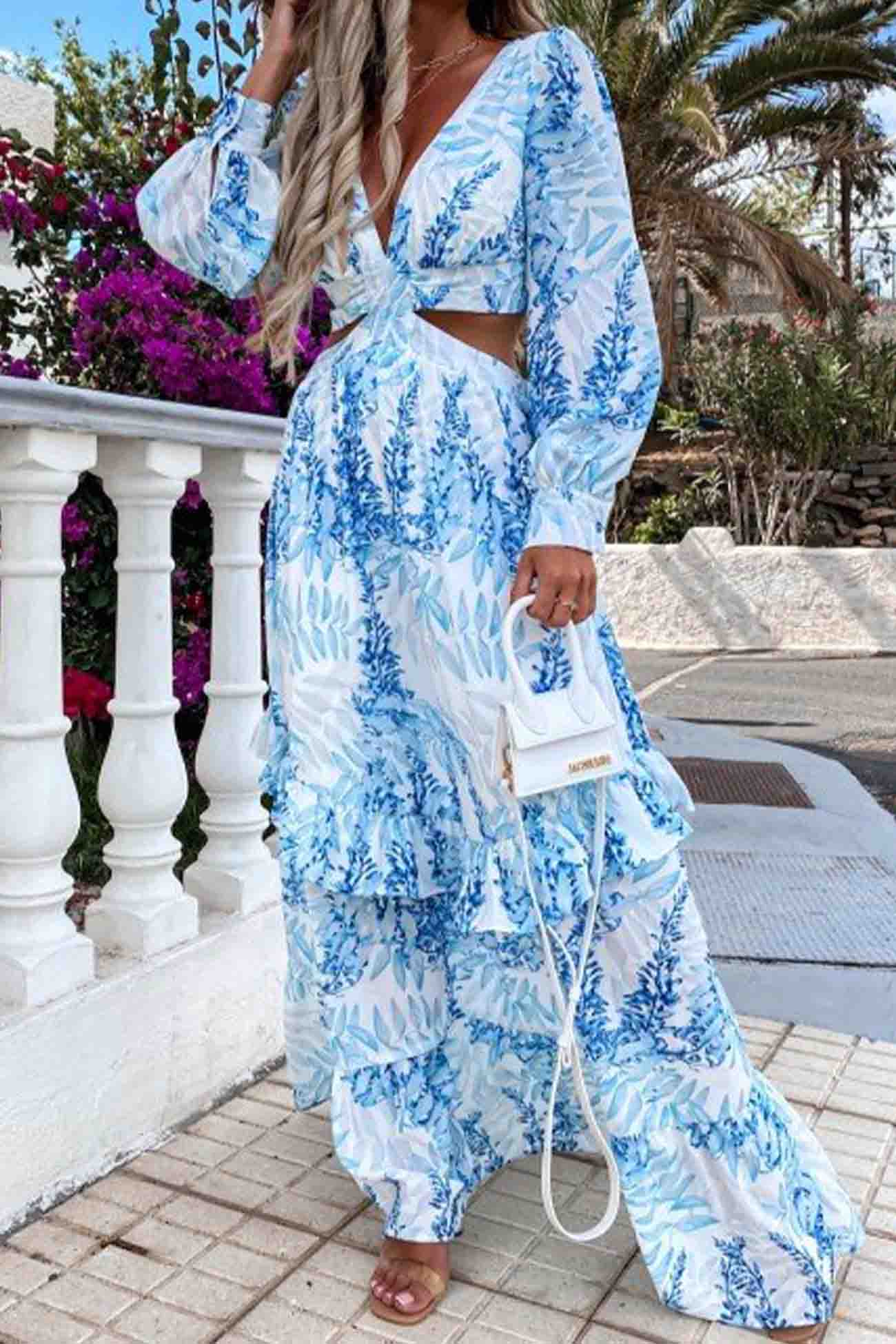 Women's Maxi Dress - V-Neck - Cutout Waist - Long Sleeve Flowy Elegant Design