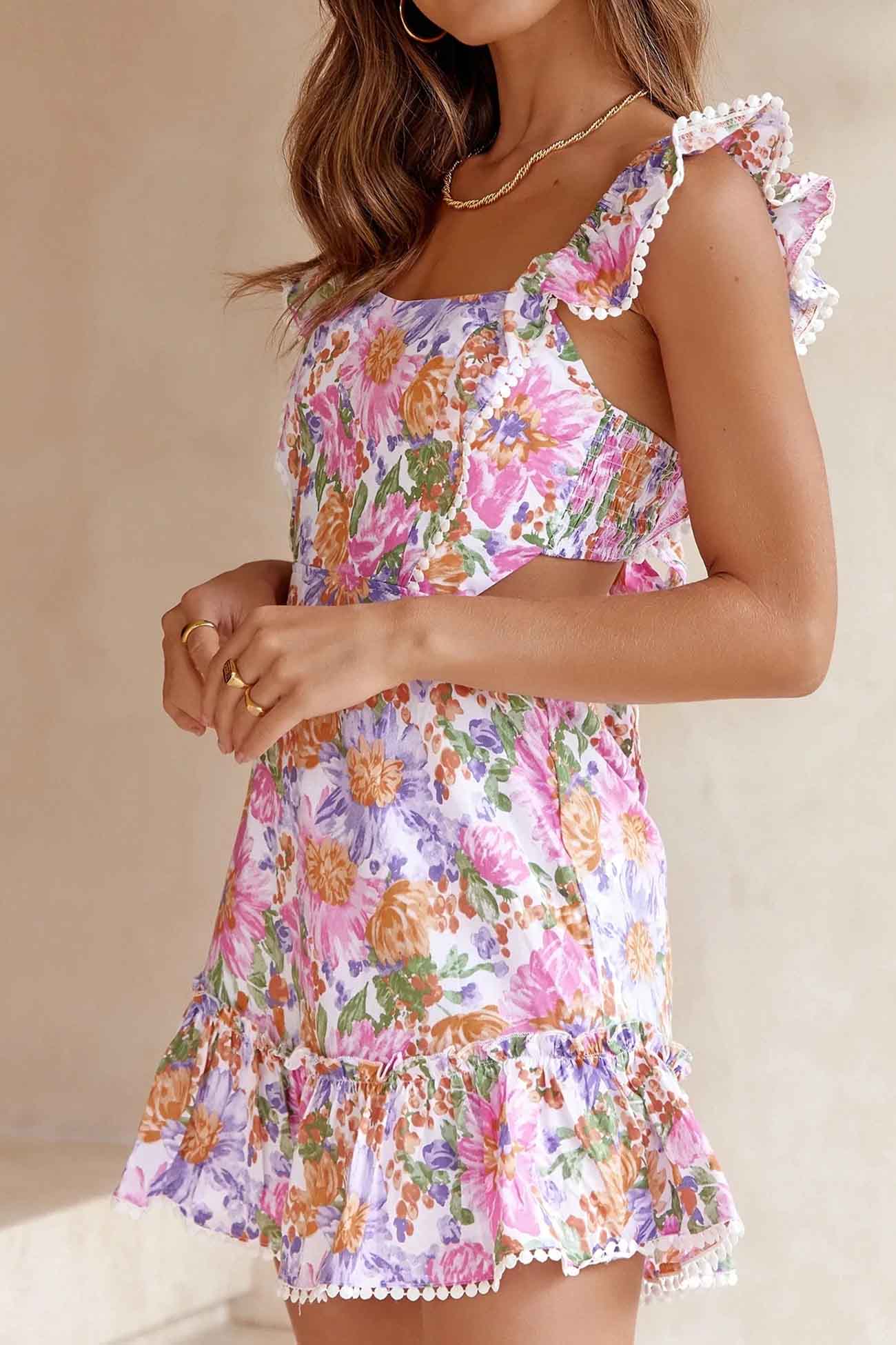 Women's Sundress - Floral Print - Square Neck - Ruffle Straps - Flared Skirt