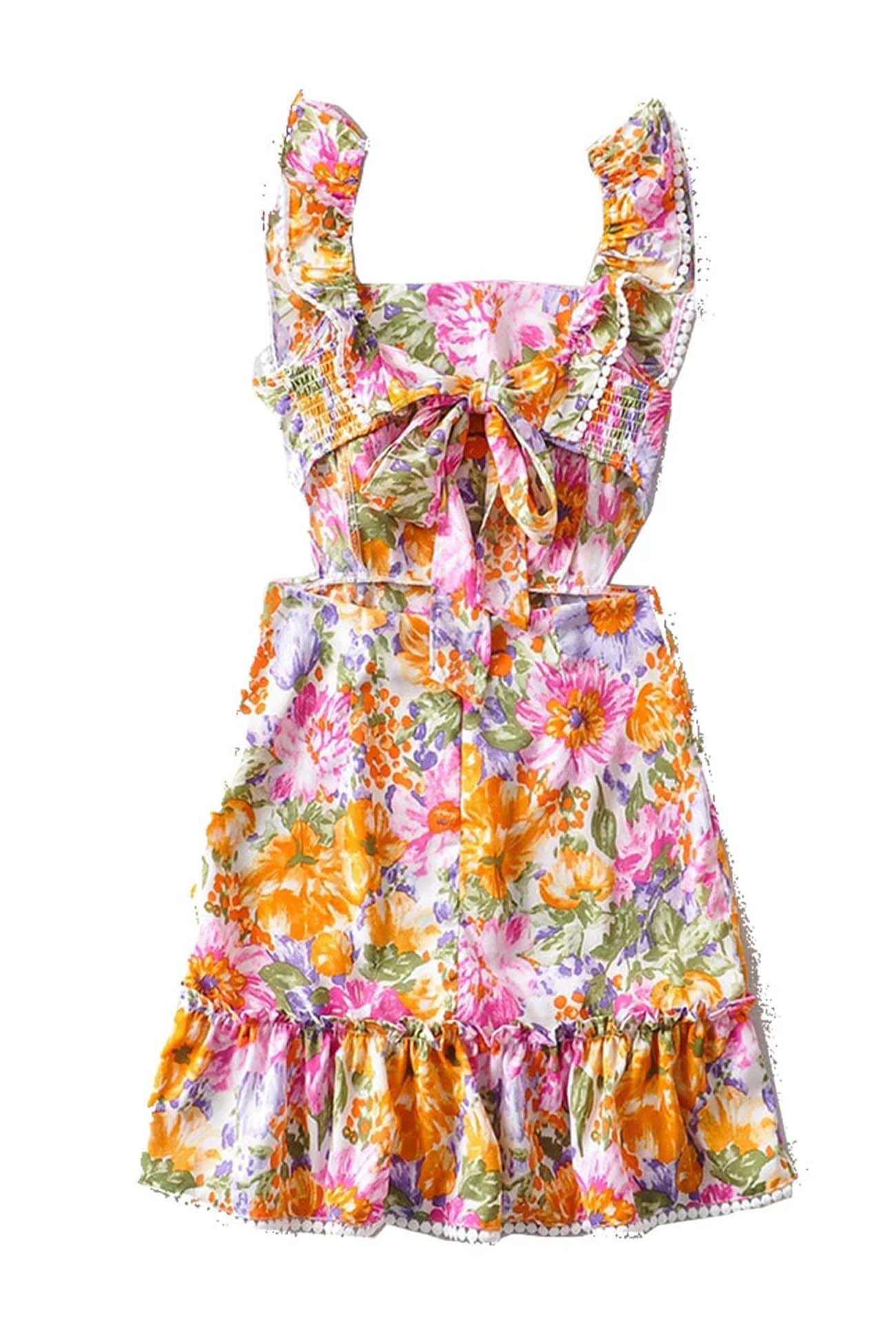 Women's Sundress - Floral Print - Square Neck - Ruffle Straps - Flared Skirt