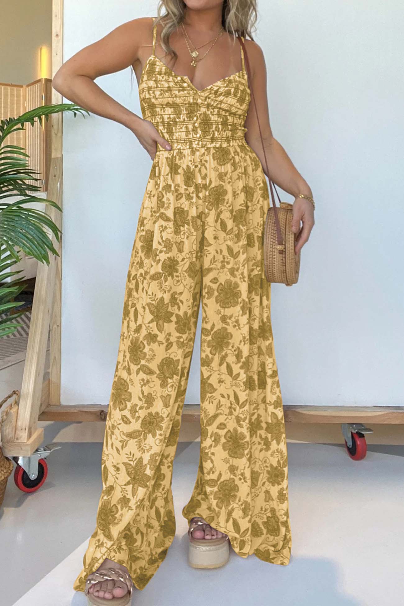 Women's Jumpsuit - Spaghetti Straps - Ruched Bodice - V-Neck - Wide-Leg Flowy Fit