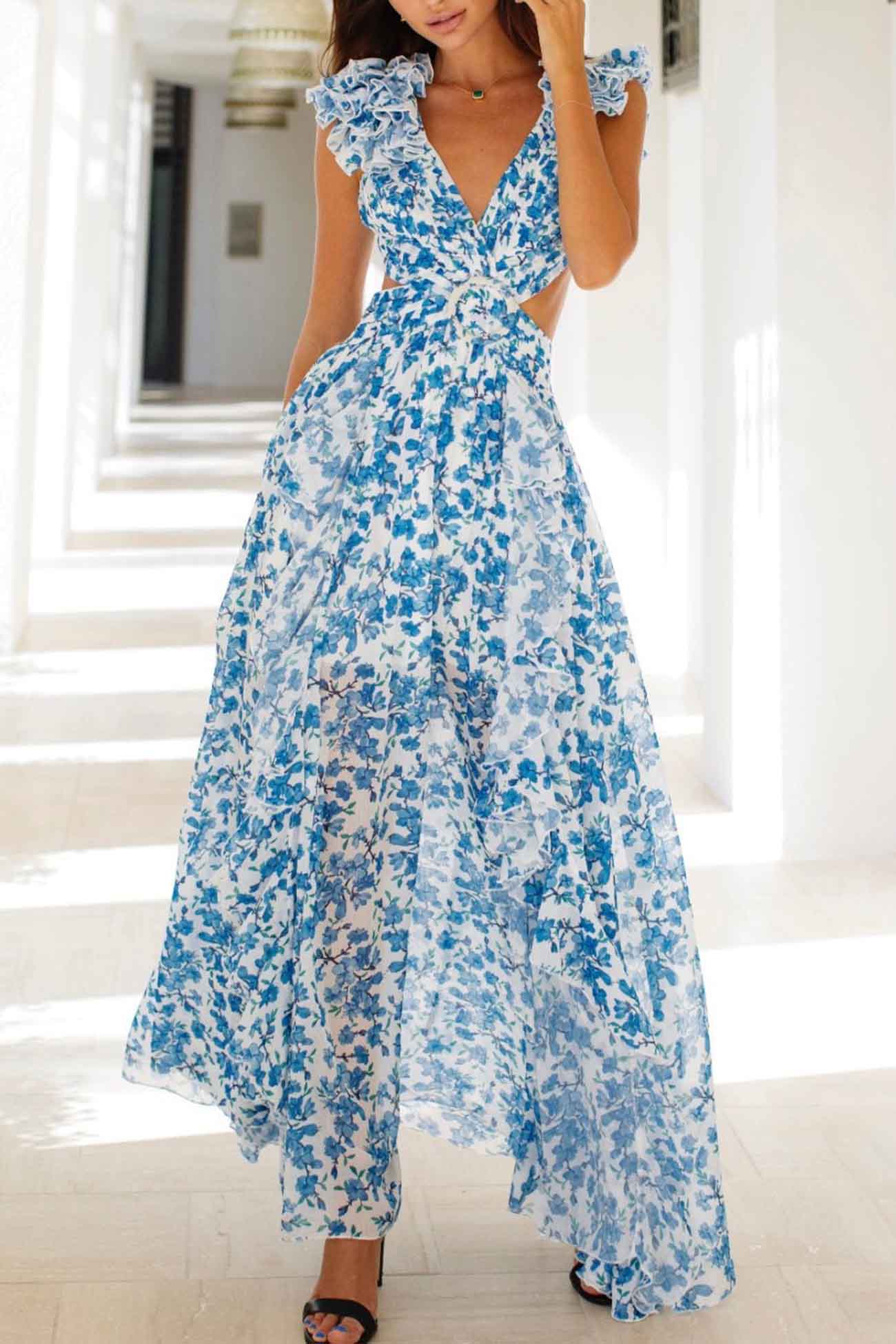 Women's Maxi Dress - Plunging V-Neck - Ruffled Sleeveless - Cutout Waist - High Slit