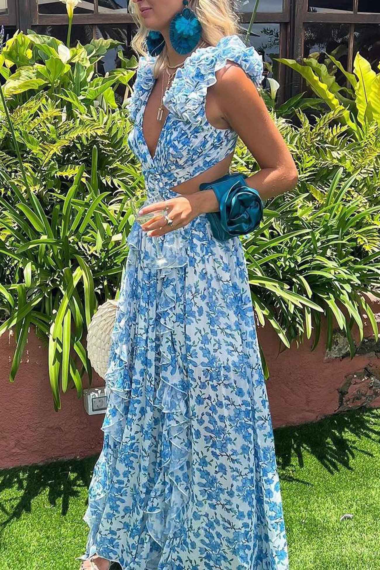 Women's Maxi Dress - Plunging V-Neck - Ruffled Sleeveless - Cutout Waist - High Slit
