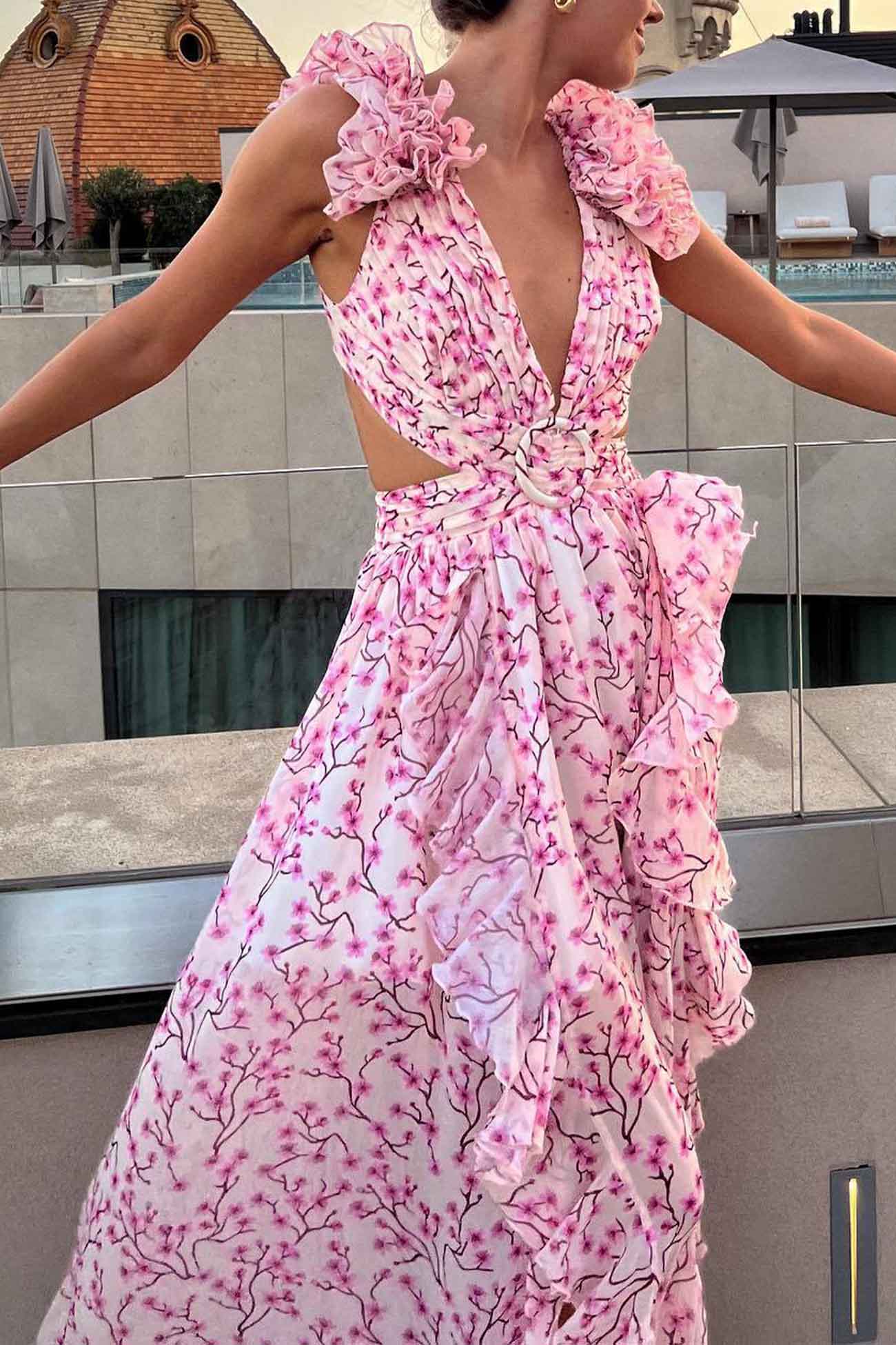 Women's Maxi Dress - Plunging V-Neck - Ruffled Sleeveless - Cutout Waist - High Slit