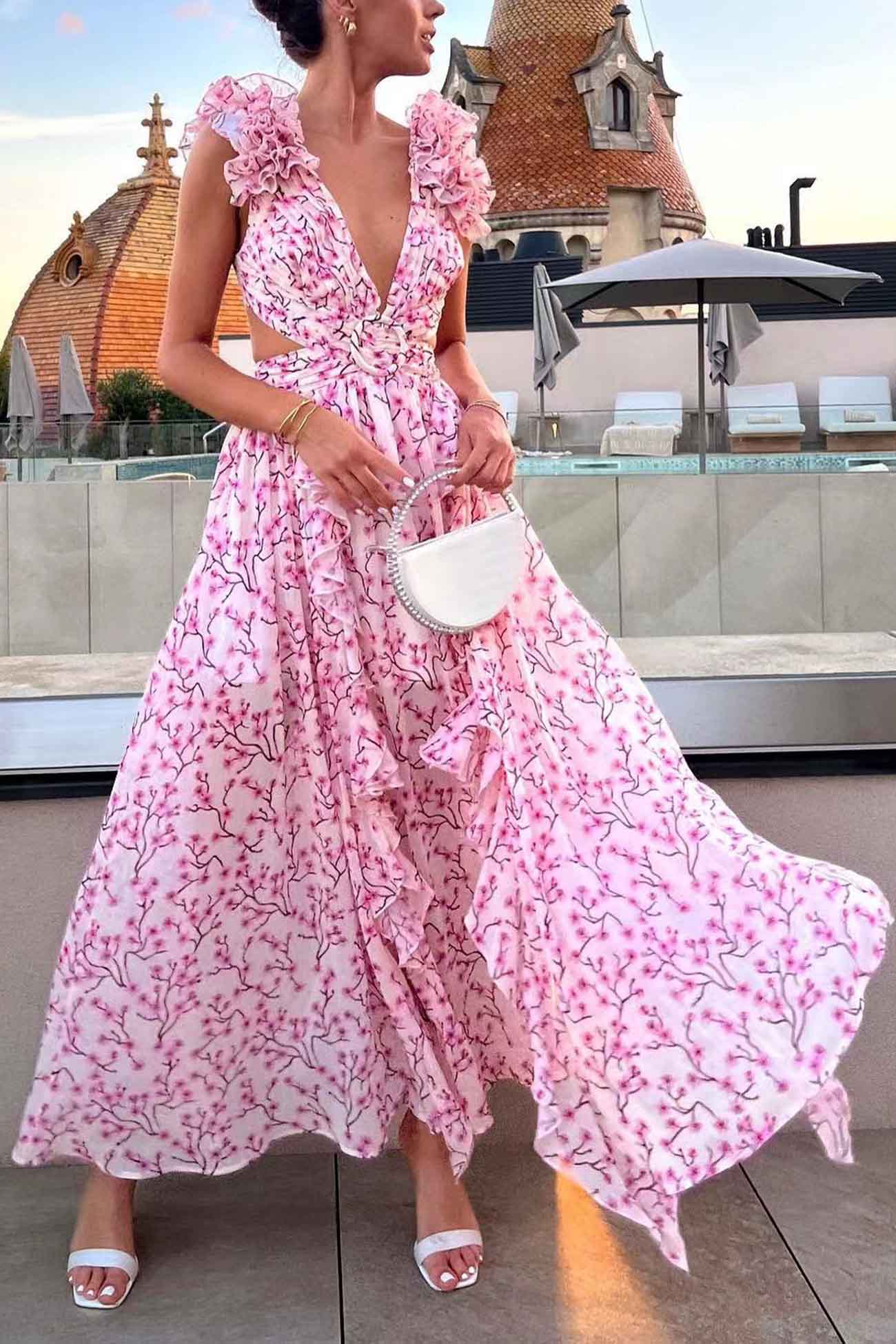 Women's Maxi Dress - Plunging V-Neck - Ruffled Sleeveless - Cutout Waist - High Slit