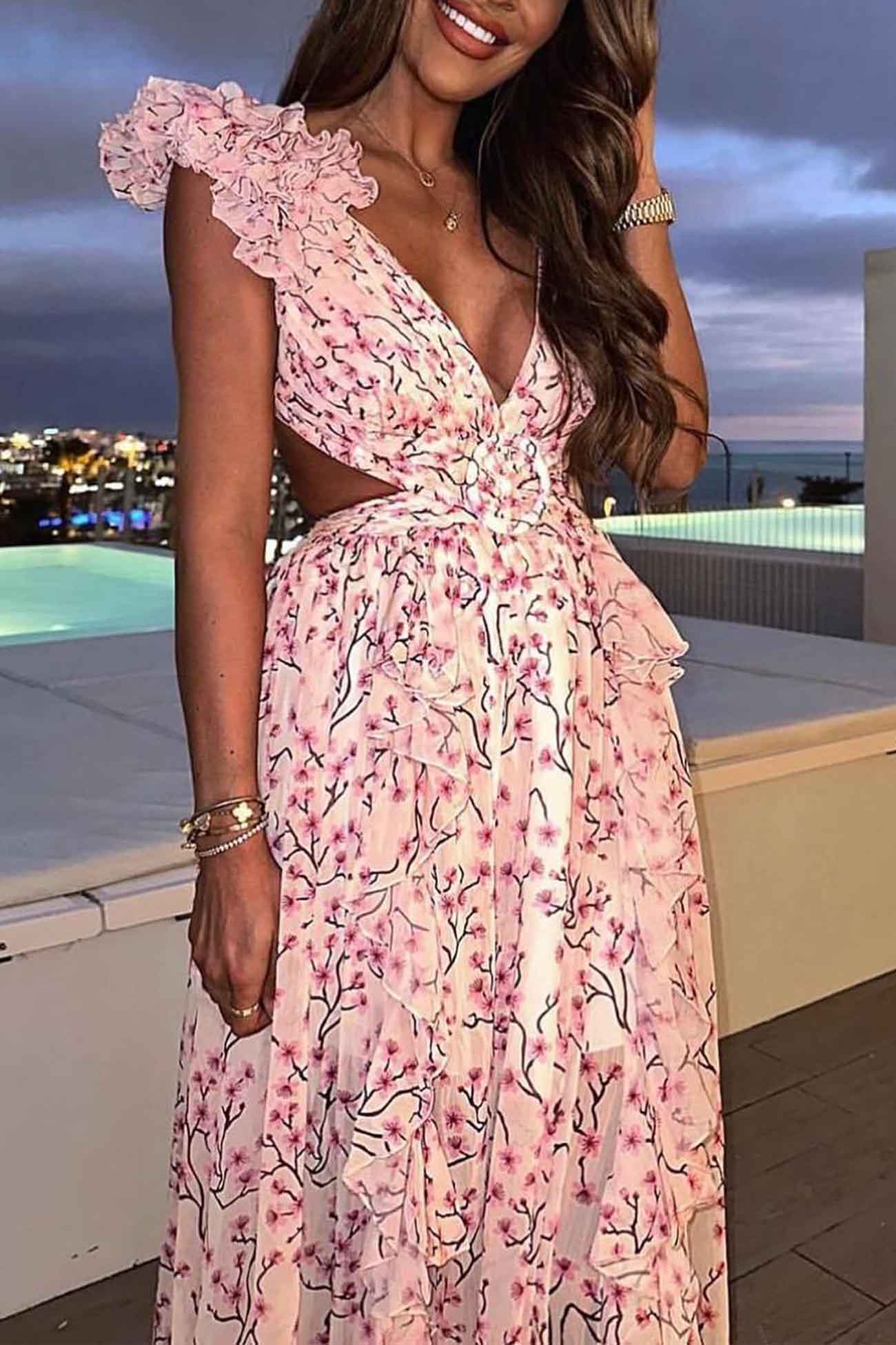 Women's Maxi Dress - Plunging V-Neck - Ruffled Sleeveless - Cutout Waist - High Slit
