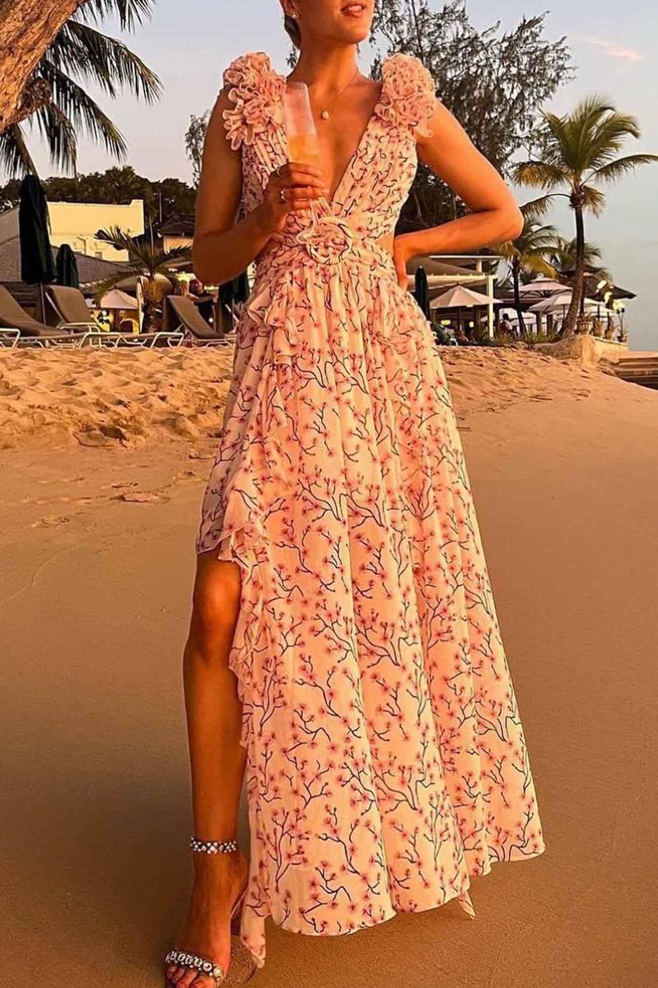 Women's Maxi Dress - Plunging V-Neck - Ruffled Sleeveless - Cutout Waist - High Slit