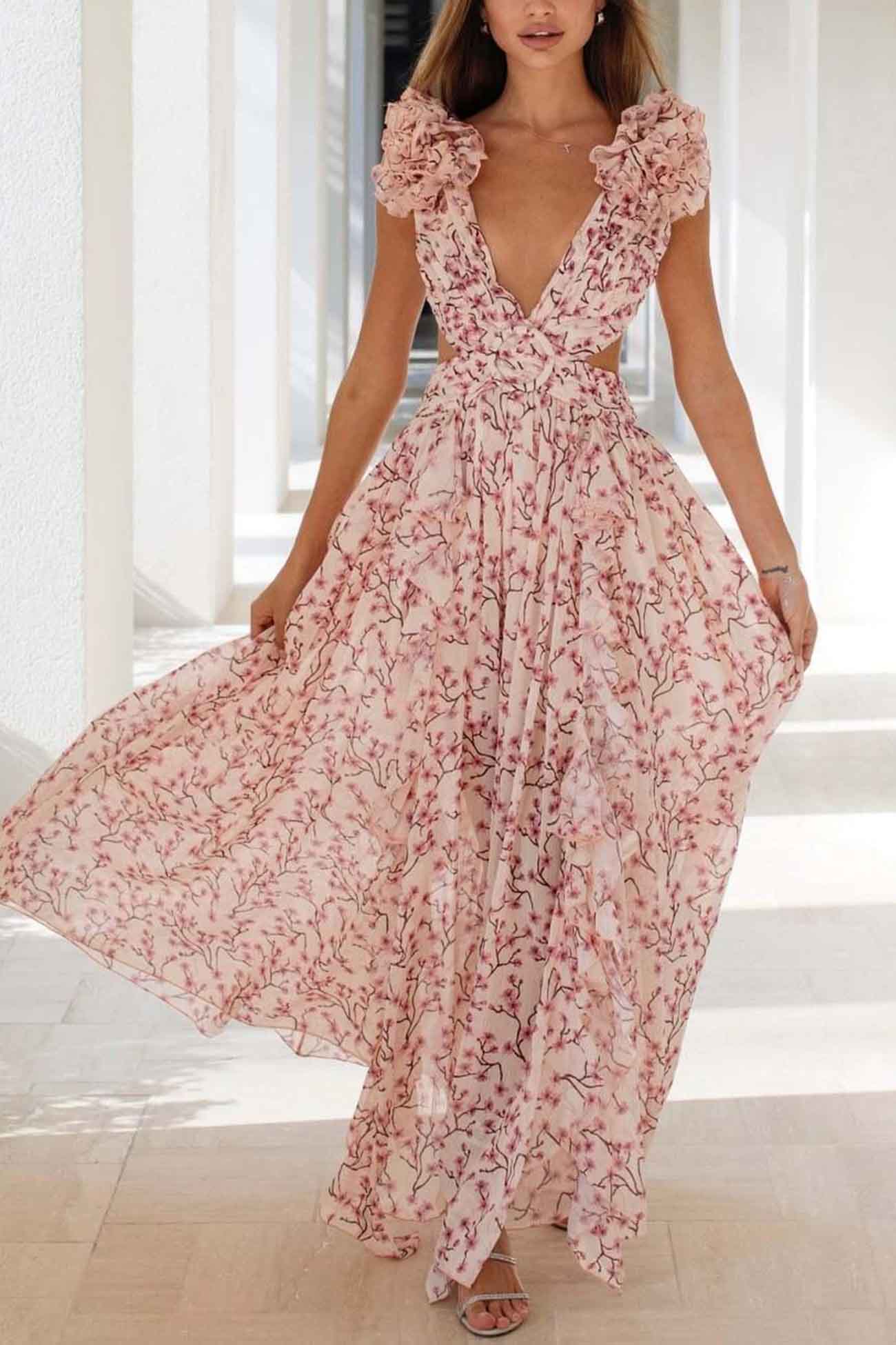 Women's Maxi Dress - Plunging V-Neck - Ruffled Sleeveless - Cutout Waist - High Slit