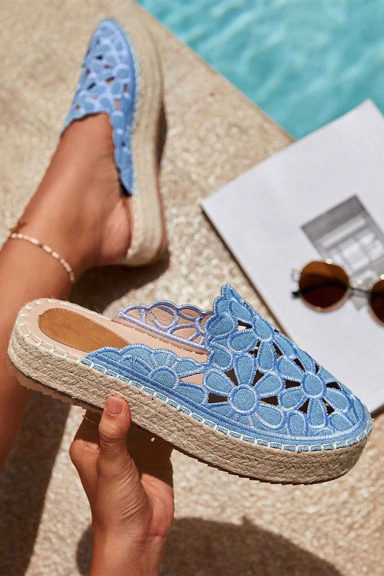 Women's Espadrille Slides - Floral Cut-Out Design - Embroidered Upper - Jute Platform