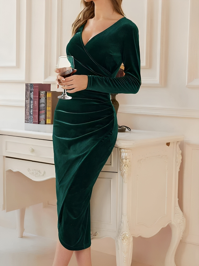 Velvet Bodycon Ruched Long Sleeve Midi Dress