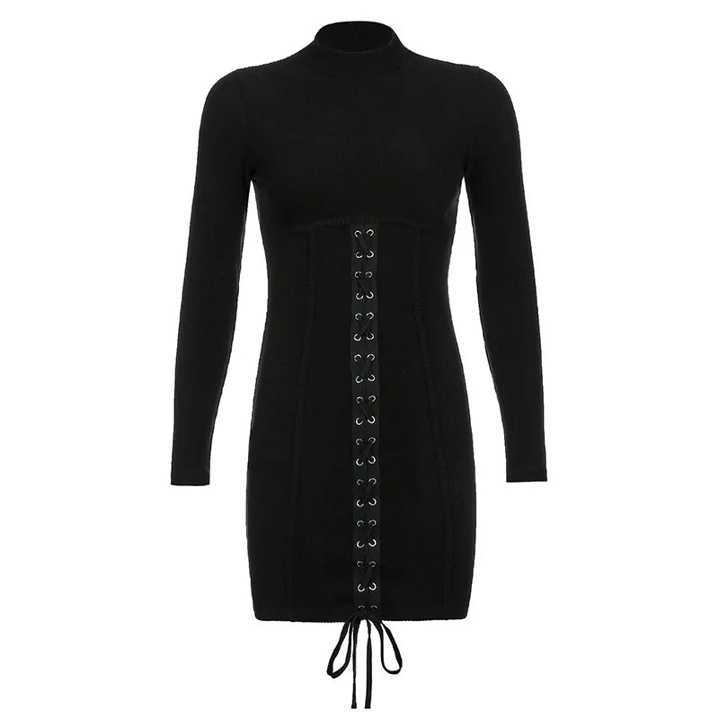 Women's Bodycon Mini Dress - Ribbed Knit - Long Sleeve - High Neck - Lace-Up Detail