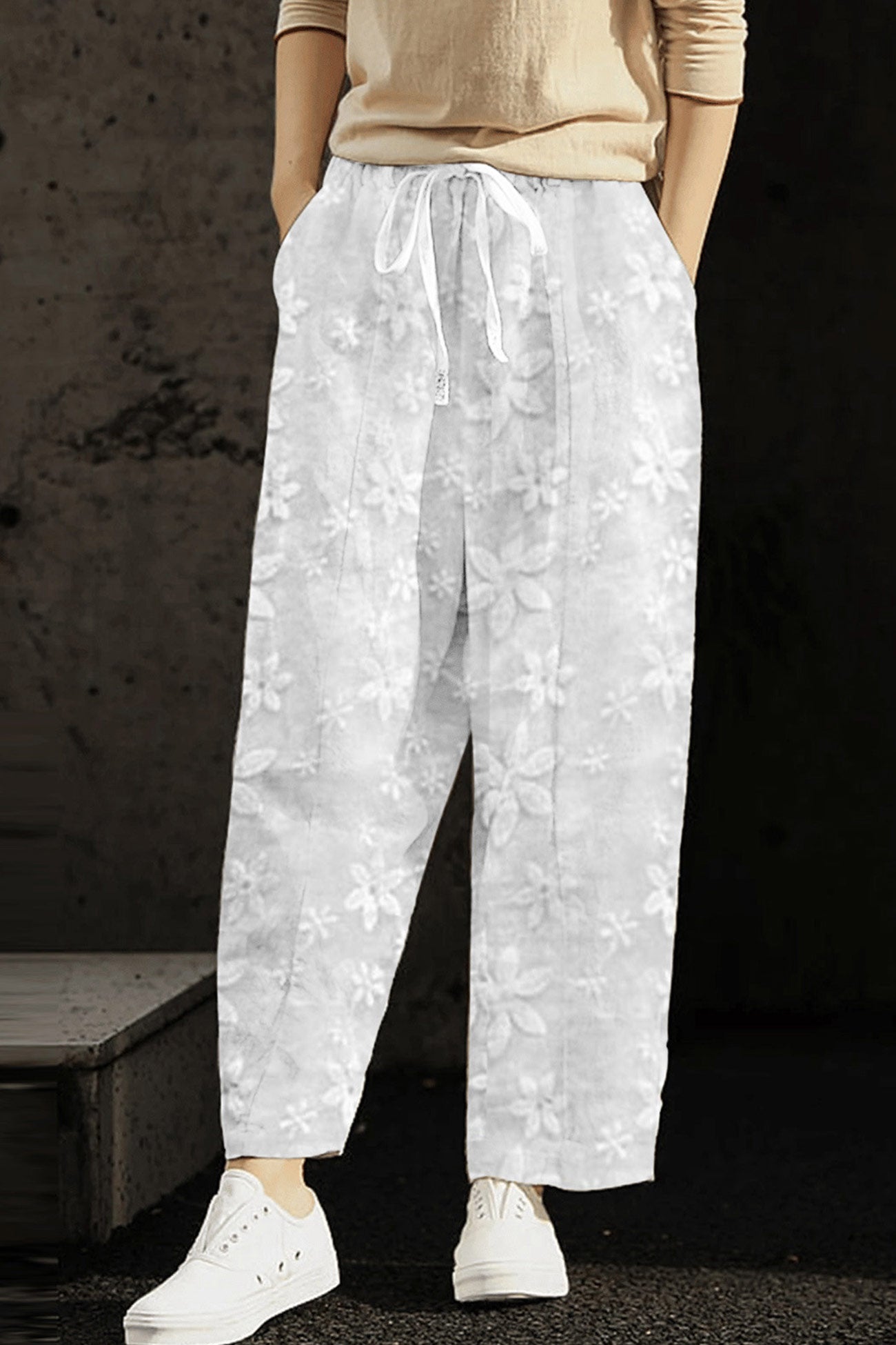 Women's Cropped Pants - Embroidered Loose Fit - Drawstring Waist - Ankle Length Casual Wear