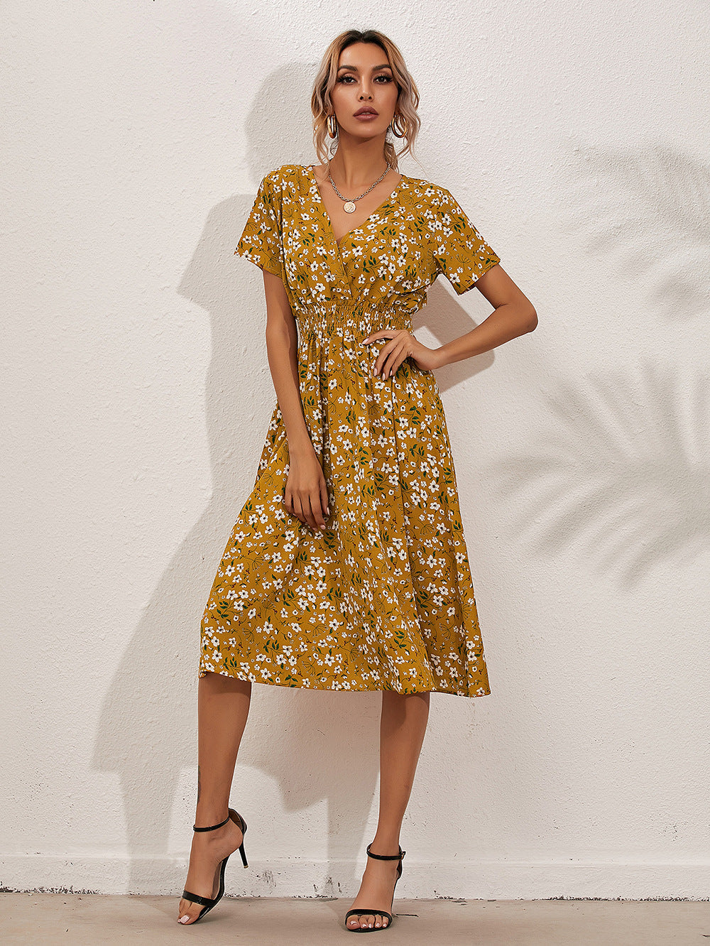 Floral Print Flowy Elastic Waist Midi Dress