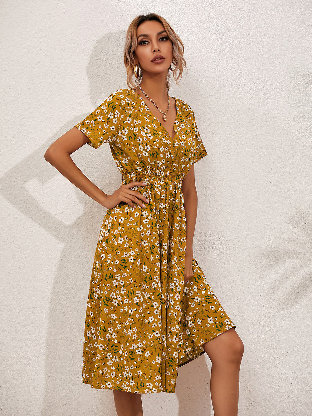 Floral Print Flowy Elastic Waist Midi Dress