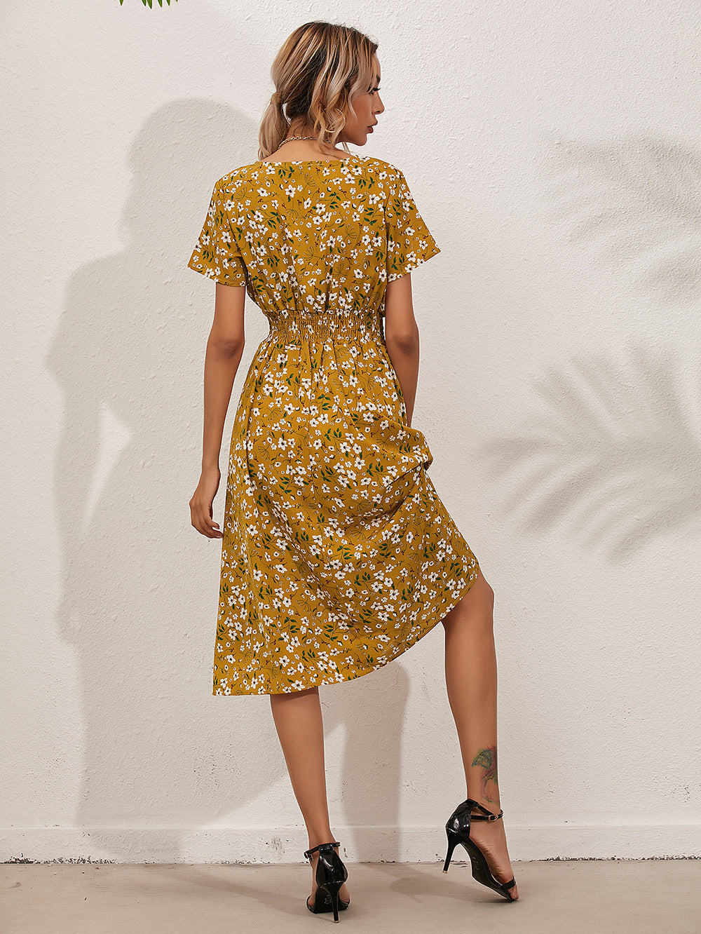 Floral Print Flowy Elastic Waist Midi Dress