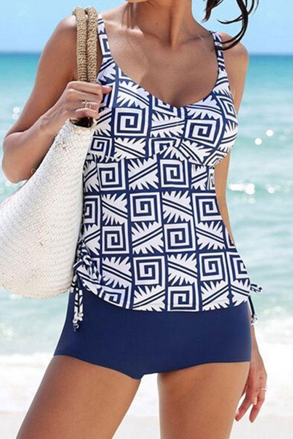 Women's Tankini Swimsuit - Geometric Print - Adjustable Side Ruching - High-Waist Bottom